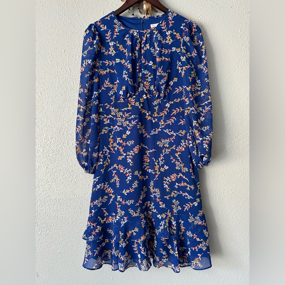 London Times Blue Floral Print Dress Women’s Size 6 Fit Flare Bishop Sleeves